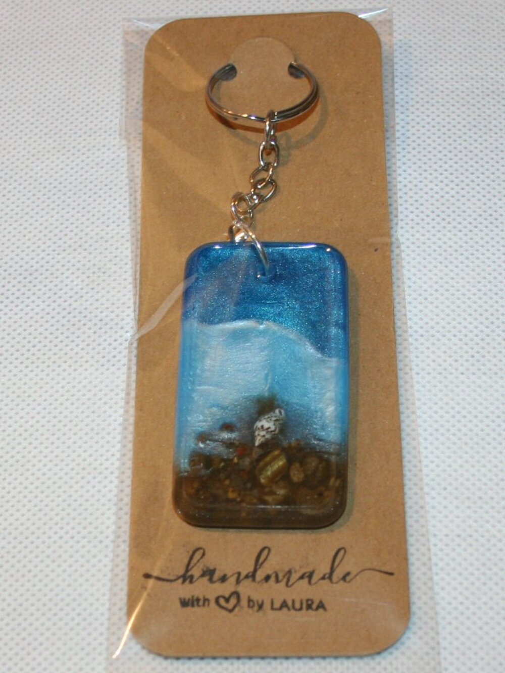 Handmade Resin Beach Scene Keychain Coastal Ocean Sand Shells Purse 2.375 x 1.25
